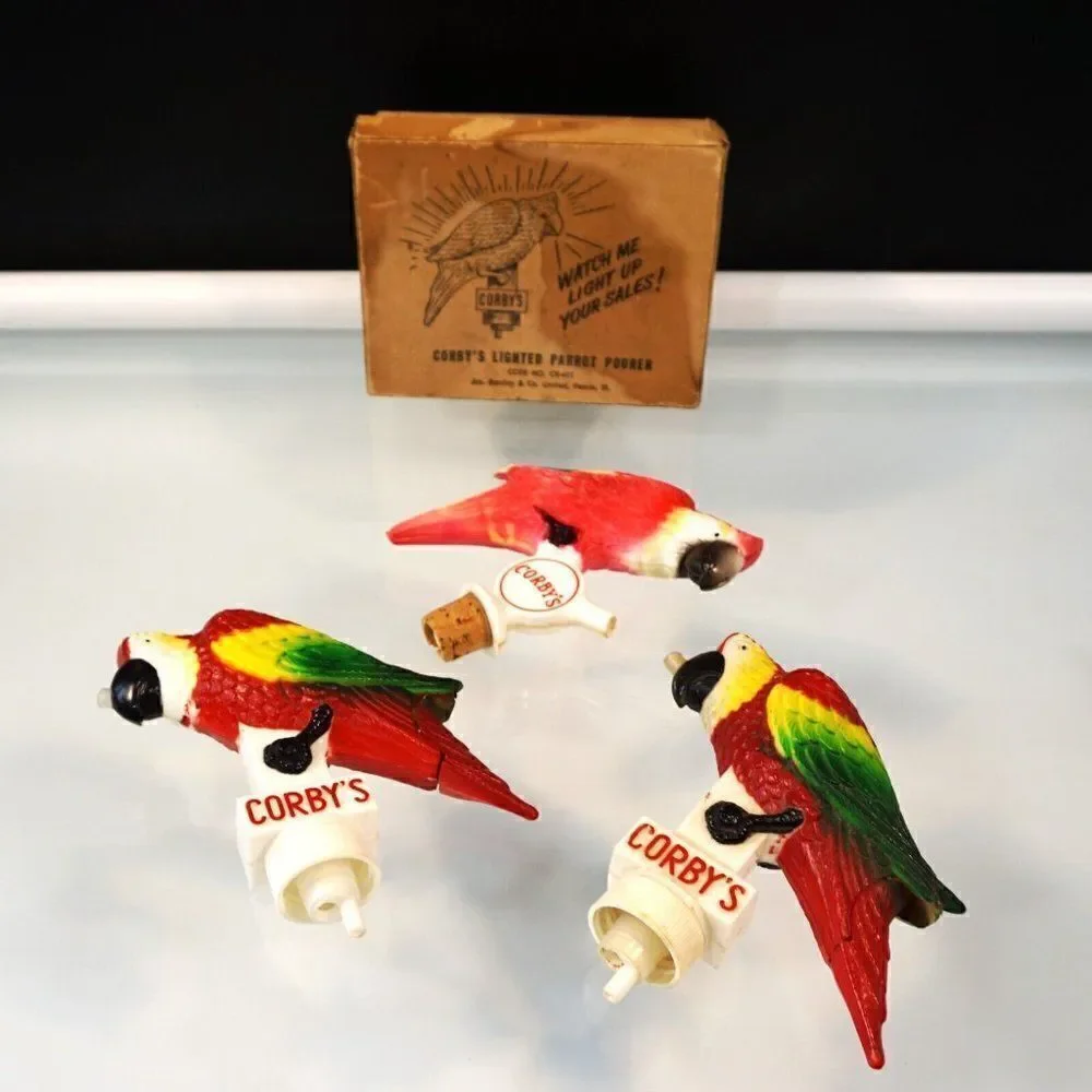 Vintage 1950s Corbys Whiskey 3 Parrot Pourers NOT WORKING Original Box w Manual